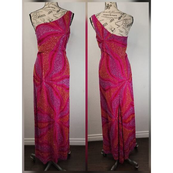 Sean Collection Beaded Gown 100% Silk One Shoulder Pink Sequin Fairytale Maxi